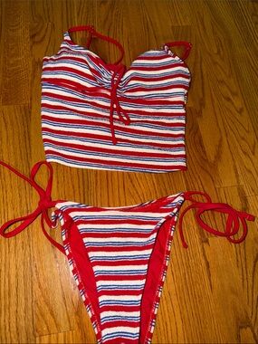 Red, White & Blue Striped Two-Piece Swim Set